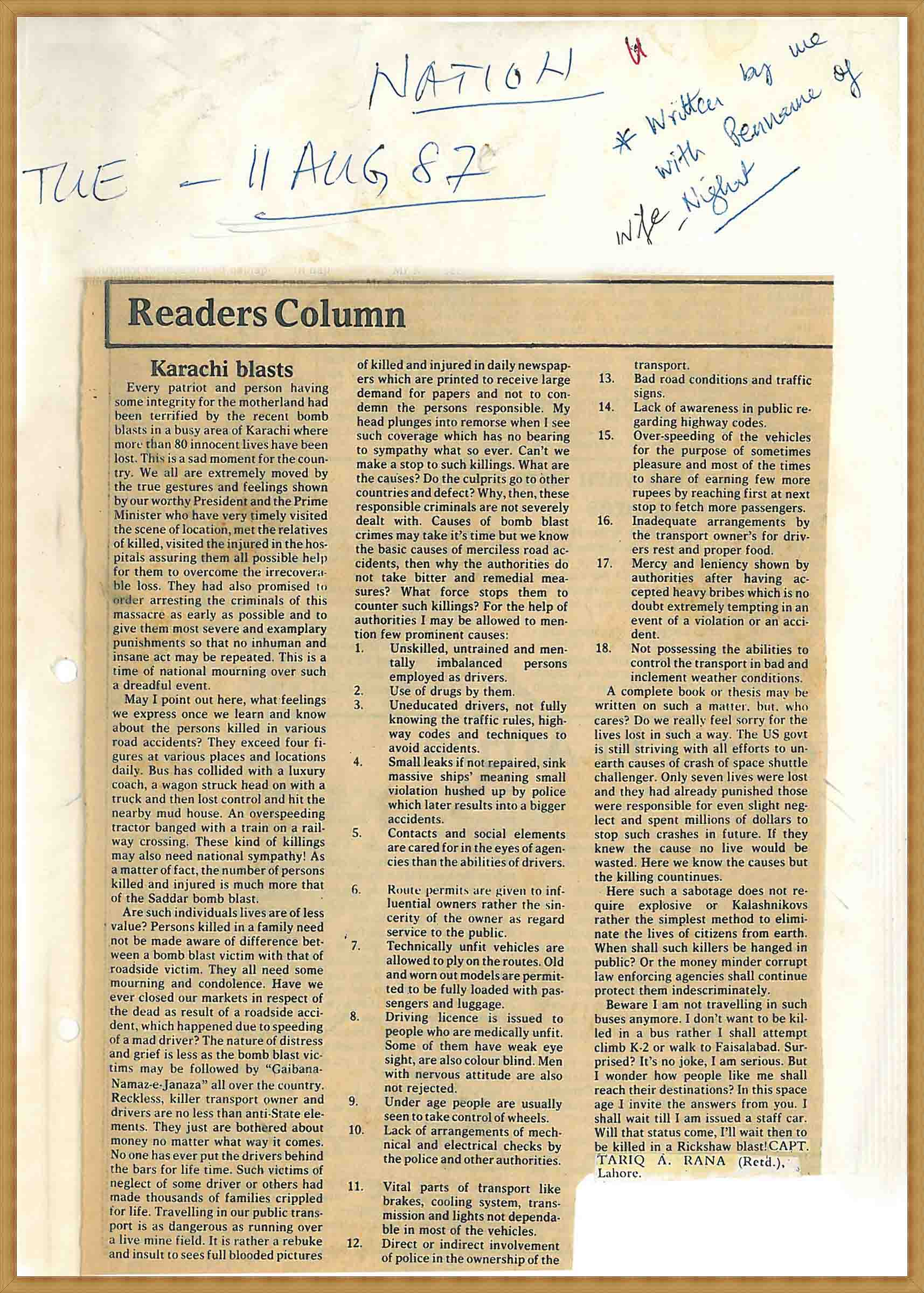 Readers column-Karachi blasts  (11-08-1987)